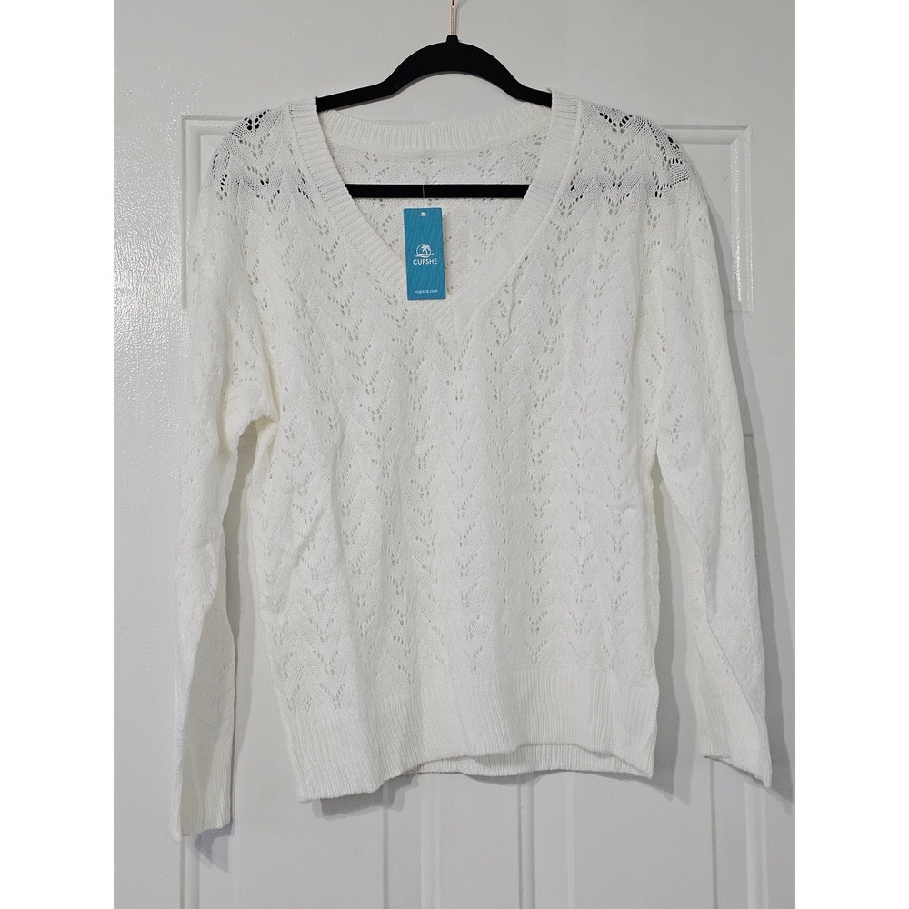 Cupshe Sweater Womens Medium White New Pointelle‎ V-Neck Long Sleeve Open Knit
